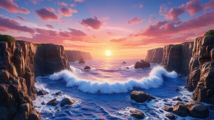 Ocean waves crashing on rock cliffs at sunset.