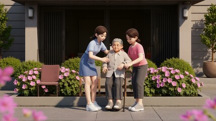 Naklejka premium Old lady being assisted by granddaughters outside building.