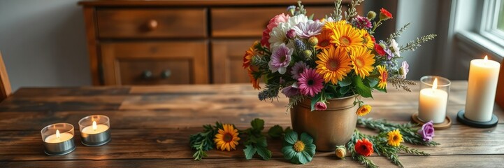 Fototapeta premium Pot of summer flowers and herbs on a wooden table with candles, garden decor, wood