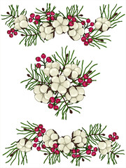 Vector Composition of cotton flowers, Christmas tree and berries on a white background.