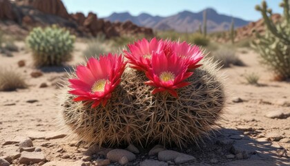 Prickly Texas Hedgehog Cactus in dry landscape, dry landscape, hedgehog, sand