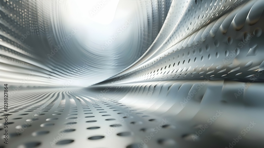 Poster abstract metallic tunnel with perforated surfaces, creating a sense of depth and movement.