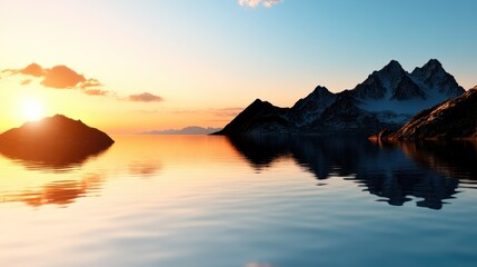 Serene sunset over misty mountain lake reflects vibrant colors