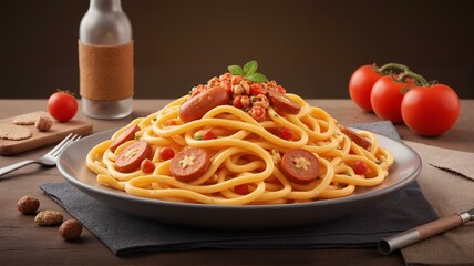 Pasta with tomatoes and sausages.