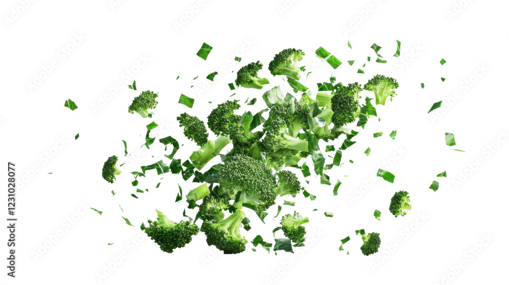 Poster fresh broccoli florets exploding on transparent background