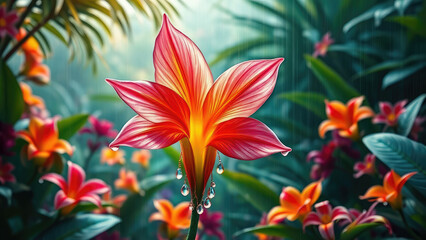 Fototapeta premium Raindrops cascade down the delicate petals of a samanthi flower in a lush tropical garden surrounded by vibrant greenery and exotic flowers, landscape, water effects, floral arrangements