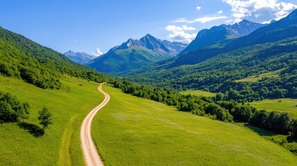 Winding road weaving through lush green forest in mountain landscape