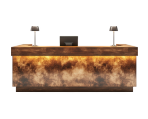 Modern hotel reception counter with warm lighting and sleek design, perfect for welcoming guests in stylish environment