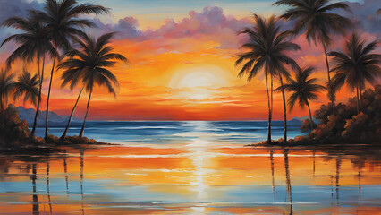 A summer resort featuring a tropical beach, complete with palm trees and the sea, illuminated by the hues of sunset