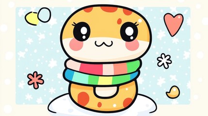Naklejka premium Cute Cartoon Character with Colorful Scarf and Winter Background in Snow