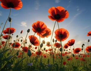 Obraz premium Red poppies swaying in the breeze at golden hour with a clear blue sky, gentle wind, peaceful atmosphere, natural scenery