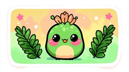 Fototapeta premium Cute Cartoon Character with Green Plant Design and Smiling Face in Colorful Background
