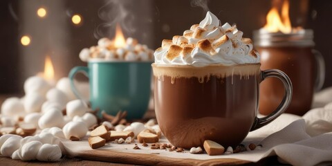 Rich and creamy hot chocolate topped with a fluffy cloud of whipped cream and toasted marshmallows in a large mug, toasty marshmallow, white foam, whipped cream