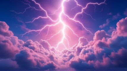 Pink clouds with lightning in blue sky.