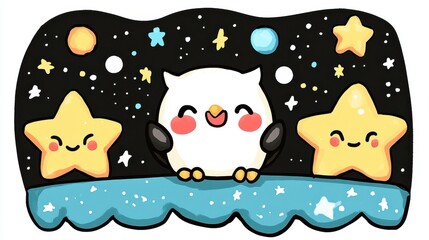 Obraz premium Cute Cartoon Owl Surrounded by Stars and Planets in a Dreamy Night Sky Scene