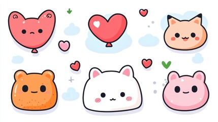 Cute Cartoon Animals and Balloons with Hearts in Colorful Flat Design Style