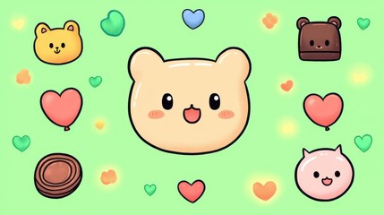 Cute Cartoon Bears and Hearts on a Soft Green Background for Child-Friendly Design