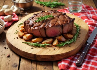 Roasted beef with garlic and rosemary on a wooden tablecloth, food, rosemary