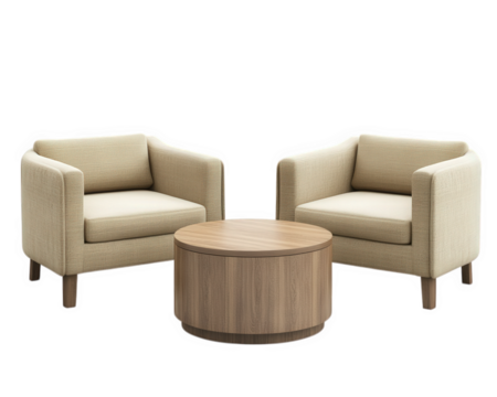 Cozy seating set featuring two armchairs and round coffee table, perfect for hotel reception or lounge area. neutral tones create welcoming atmosphere