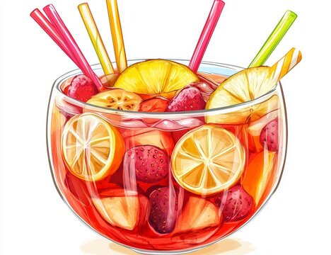 Refreshing fruit punch in a glass bowl with colorful straws.