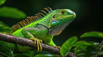 Fototapeta premium Vibrant green iguana perches on a branch surveying its lush surroundings