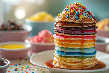 pancake day celebration, pancake day morning begins with colorful stacks of pancakes, accompanied by various syrups and toppings, creating content smiles and full hearts