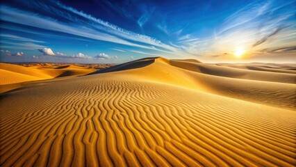 Naklejka premium Sandy dunes stretching towards the horizon with a vast expanse of golden sand, golden sand, landscape photography, sunlit sand, desert landscape