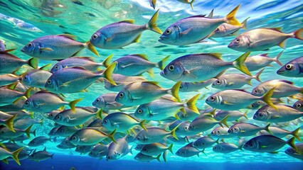 schools of iridescent fish swimming in unison beneath the surface of clear turquoise ocean, wildlife, fish, vibrant