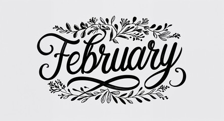 february calligraphy lettering black ink on plain white background