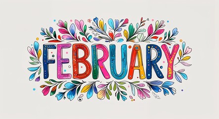february colorful hand drawn lettering art design on plain white background