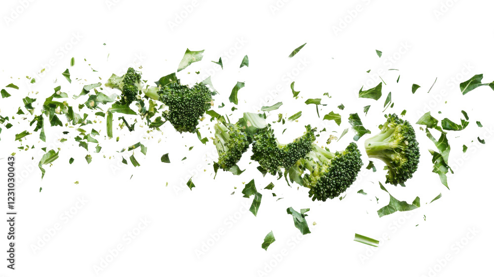Poster fresh broccoli florets exploding on transparent background