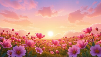 Fototapeta premium Pink flowers in field with sunset sky.