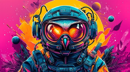 Colorful astronaut with a bird-like helmet in a vibrant cosmic landscape with planets