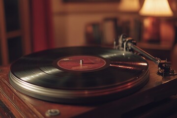 Vinyl record spins softly on a vintage turntable bathed in warm lamplight
