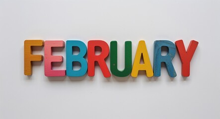 february word made of colorful wooden letters on plain white background