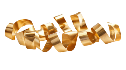 Golden curling streamer ribbon rotating on transparent background