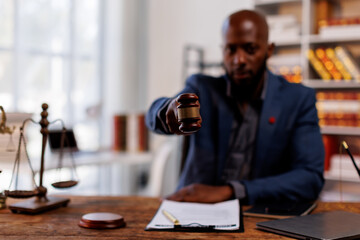African American man or Businessman Lawyer or attorney working in office. Law and justice concept