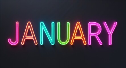 january word lettering colorful neon glowing text on plain black dark background