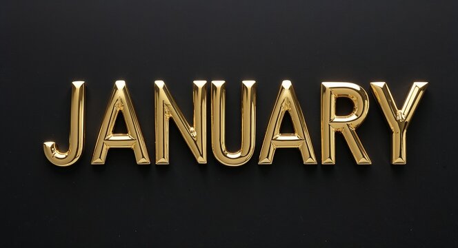 january word gold metallic shiny lettering on plain black background
