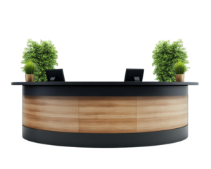 Modern hotel reception counter with wooden finish and greenery