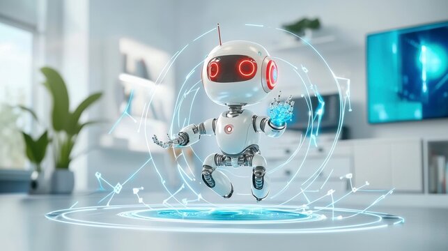 Interactive robot demonstration modern workspace digital art tech environment eye-level view innovation concept