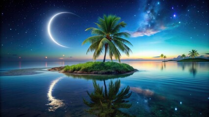 Aerial View of Serene Island with Palm Tree Silhouette and Calm Water Reflection Under Crescent Moonlight