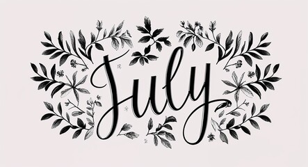 july calligraphy lettering black ink on plain white background