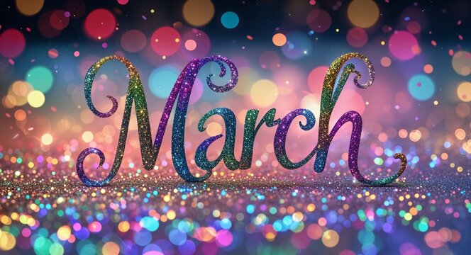 march calligraphic lettering on colorful bokeh glitter festive sparkles background - Powered by Adobe