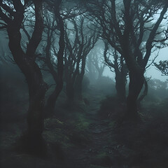 Misty Forest Pathway Through Eerie Trees and Shadows