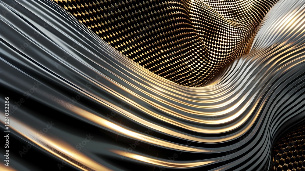 Poster abstract waves of metallic textures in gold and black create a dynamic visual flow.