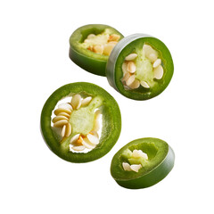 Four slices of green chili pepper on transparent background
