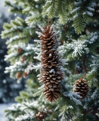 Snow-covered tinsel Christmas tree branches adorned with frosty pinecones, wintery charm, winter wonderland