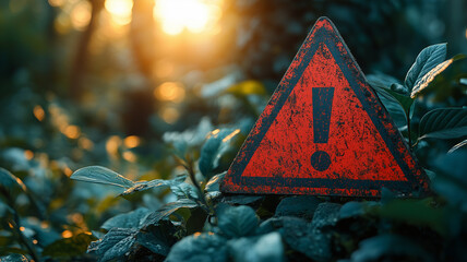 Warning sign in nature with sunlight filtering through leaves