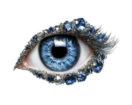 stunning blue eye adorned with sparkling gems and intricate eyelashes, showcasing beauty and elegance. vibrant colors and details create captivating visual experience